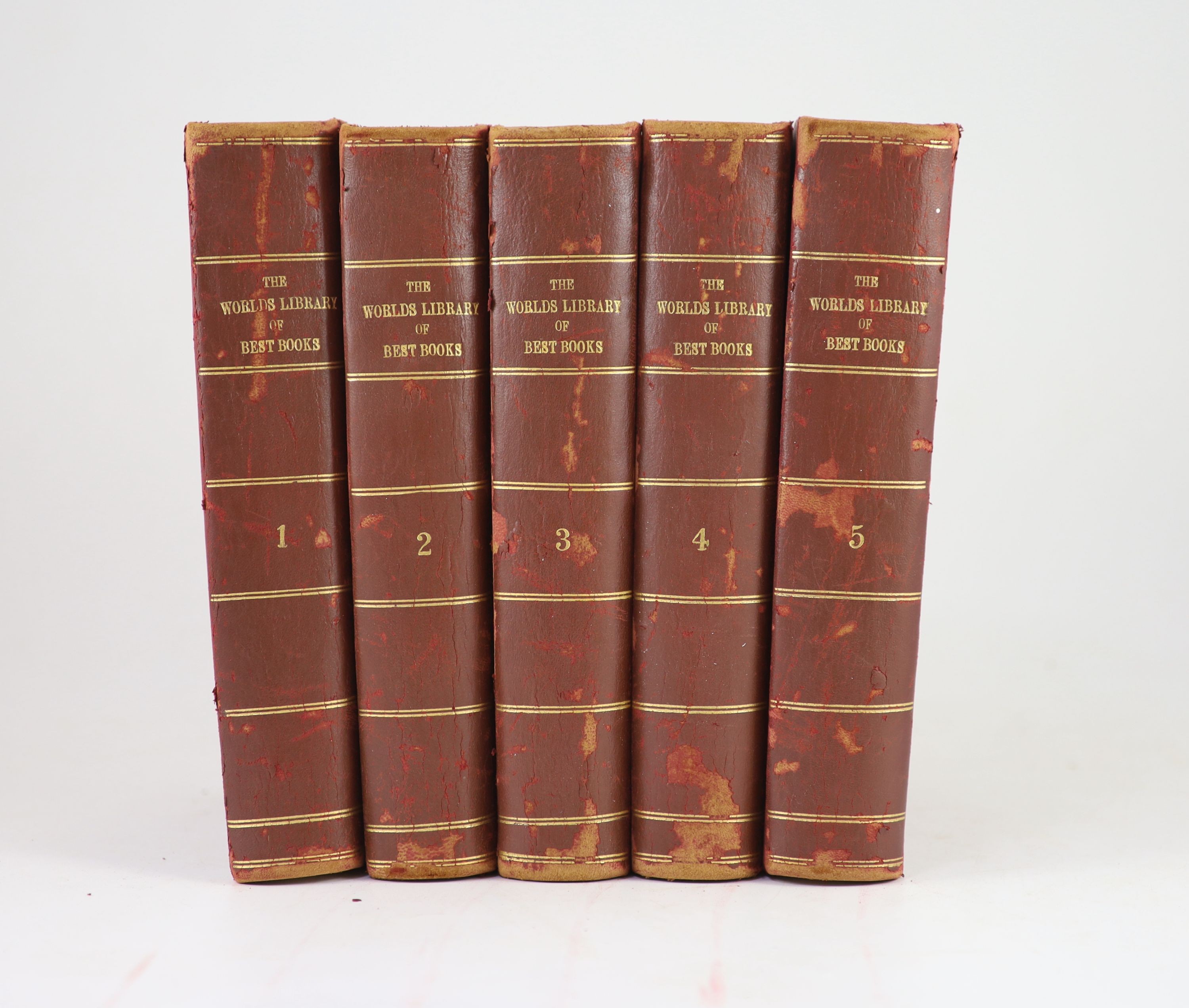 Whiten, Wilfred [editor] - The World’s Library of Best Books. 5 vols. Coloured pictorial title page and 12 coloured plates to each, plus numerous text illus. half morocco and cloth with gilt ruled spine and letters direc